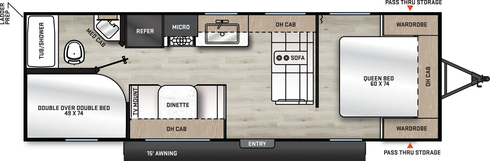 the 26BH has no slideouts and one entry. Exterior features include a 15 foot awning and front pass-thru storage. Interior layout front to back: queen bed with wardrobes on each side and overhead cabinet; sofa along inner wall; off-door side overhead cabinets, kitchen counter with sink, microwave and refrigerator; door side entry, dinette with overhead cabinet, and TV mount; rear door side double over double bunk beds; rear off-door side full bathroom with medicine cabinet and tub/shower.